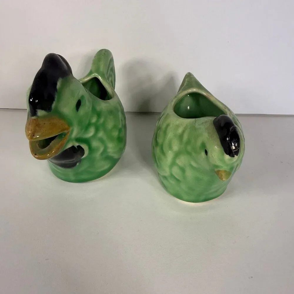 Vintage Green Ceramic Chicken Rooster Toothpick Holder Planter Set Japan MCM Kit